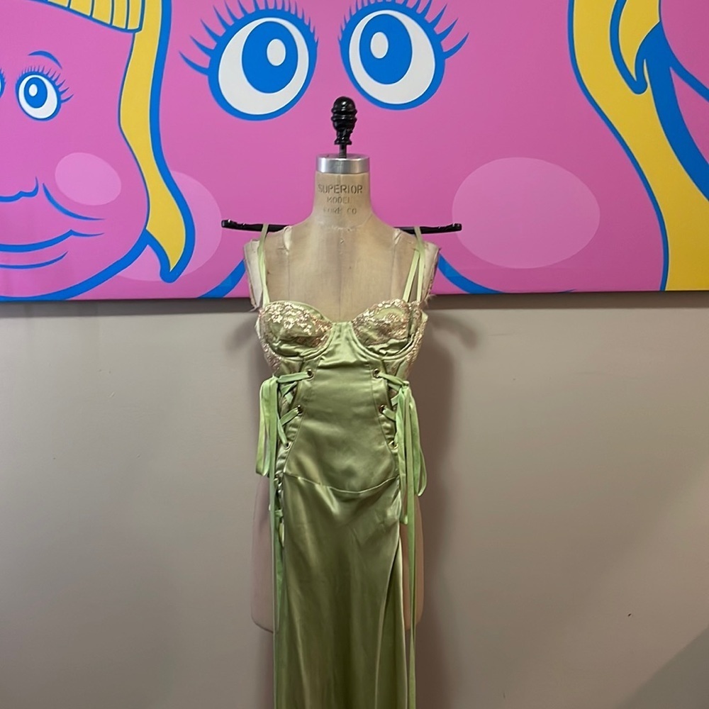 Icebreg Green Silk Satin Lace Up Bustier Corset Party Dress